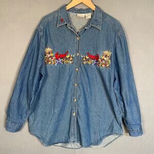 Vintage Bobbie Brooks Womens Embroidered Denim Top Size Large Button Up Cardinal